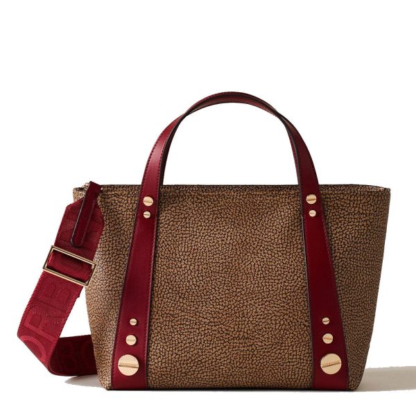 Borsa Donna a Mano BORBONESE linea Road Small in Tela Rivestita OP e Pelle Rosso Borgogna Fashion