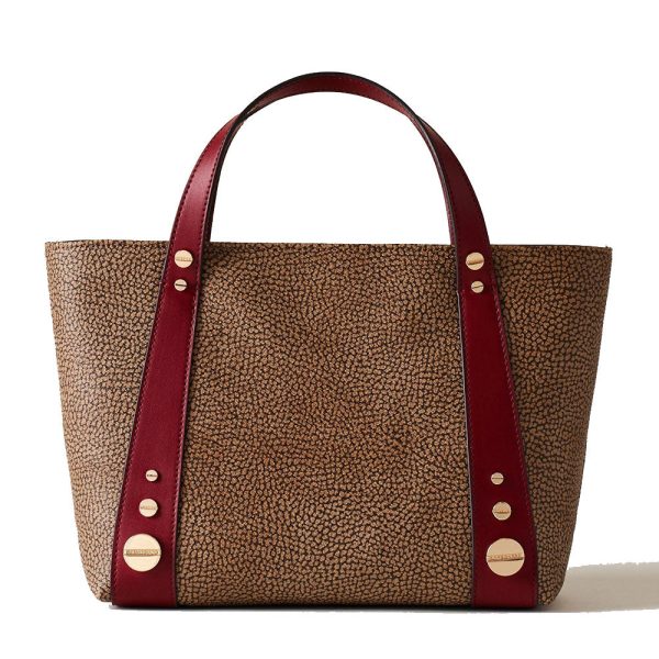 Borsa Donna a Mano BORBONESE linea Road Small in Tela Rivestita OP e Pelle Rosso Borgogna Fashion